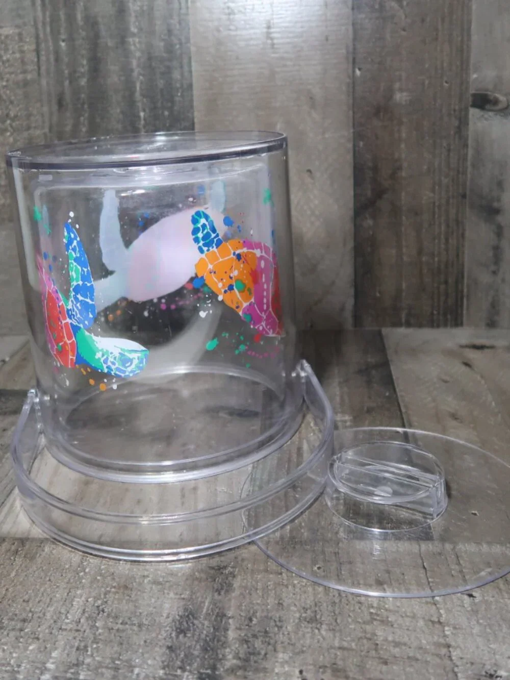 Vintage Lucite Tropical Sea Turtle Ice Bucket with Handle Clear Lid Acrylic